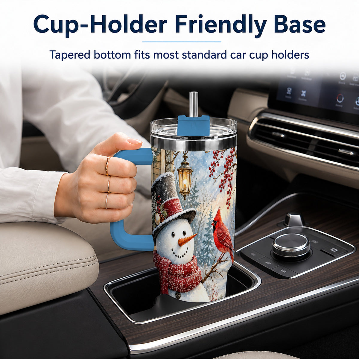#pl[40oz|Blue] Snowman Cardinal 40oz Tumbler with Handle, Winter Bird Travel Cup