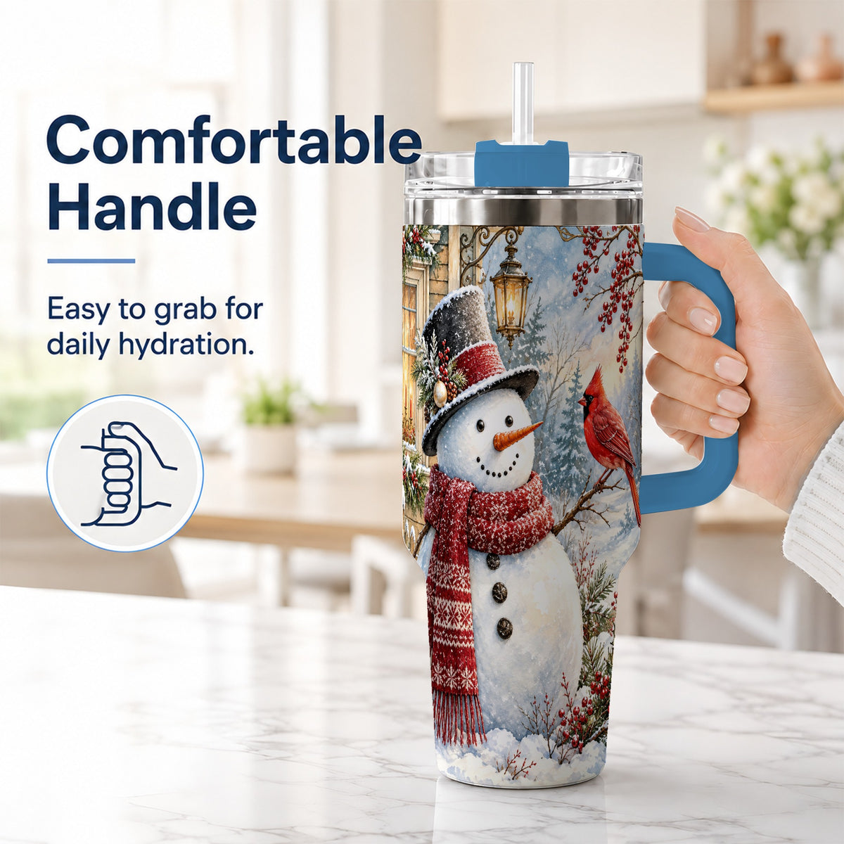 #pl[40oz|Blue] Snowman Cardinal 40oz Tumbler with Handle, Winter Bird Travel Cup