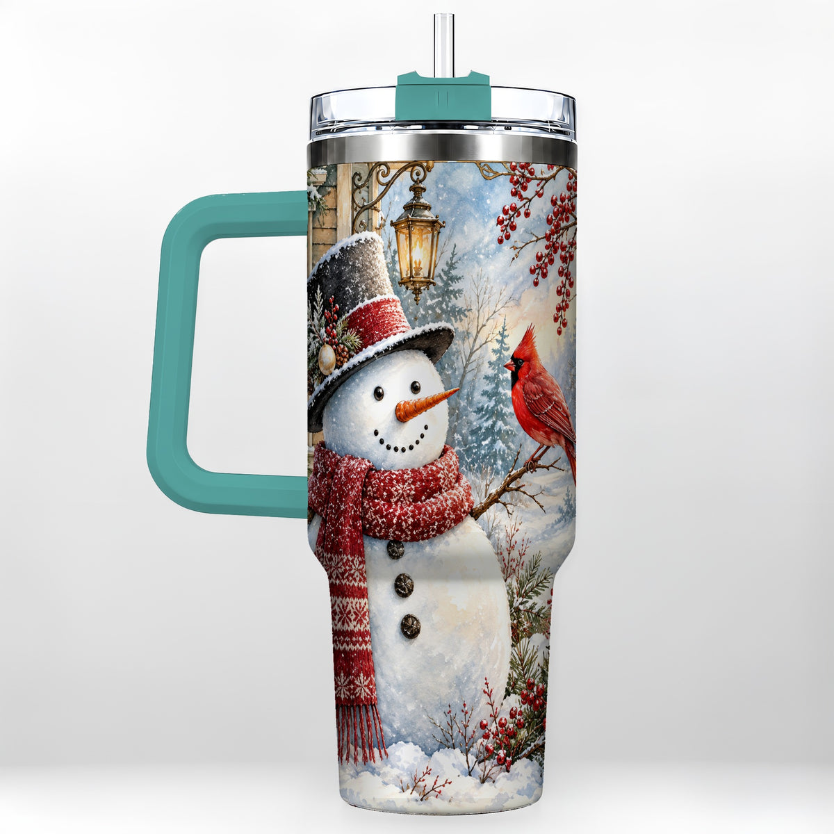 #pl[40oz|Green] Snowman Cardinal 40oz Tumbler with Handle, Winter Bird Travel Cup