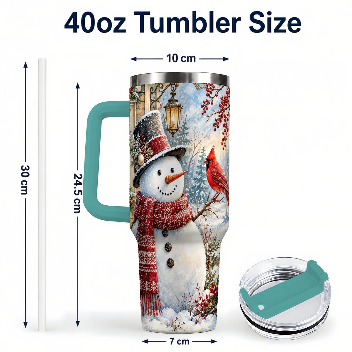 #pl[40oz|Green] Snowman Cardinal 40oz Tumbler with Handle, Winter Bird Travel Cup