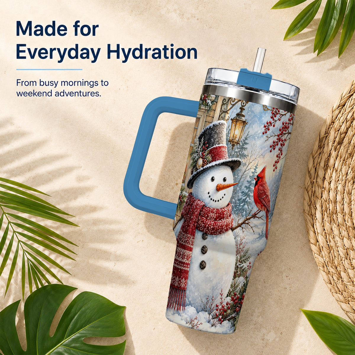 #pl[40oz|Blue] Snowman Cardinal 40oz Tumbler with Handle, Winter Bird Travel Cup