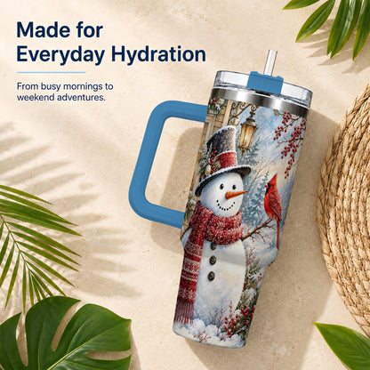 #pl[40oz|Blue] Snowman Cardinal 40oz Tumbler with Handle, Winter Bird Travel Cup