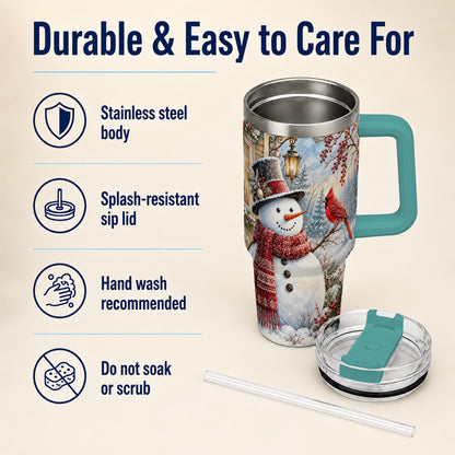 #pl[40oz|Green] Snowman Cardinal 40oz Tumbler with Handle, Winter Bird Travel Cup