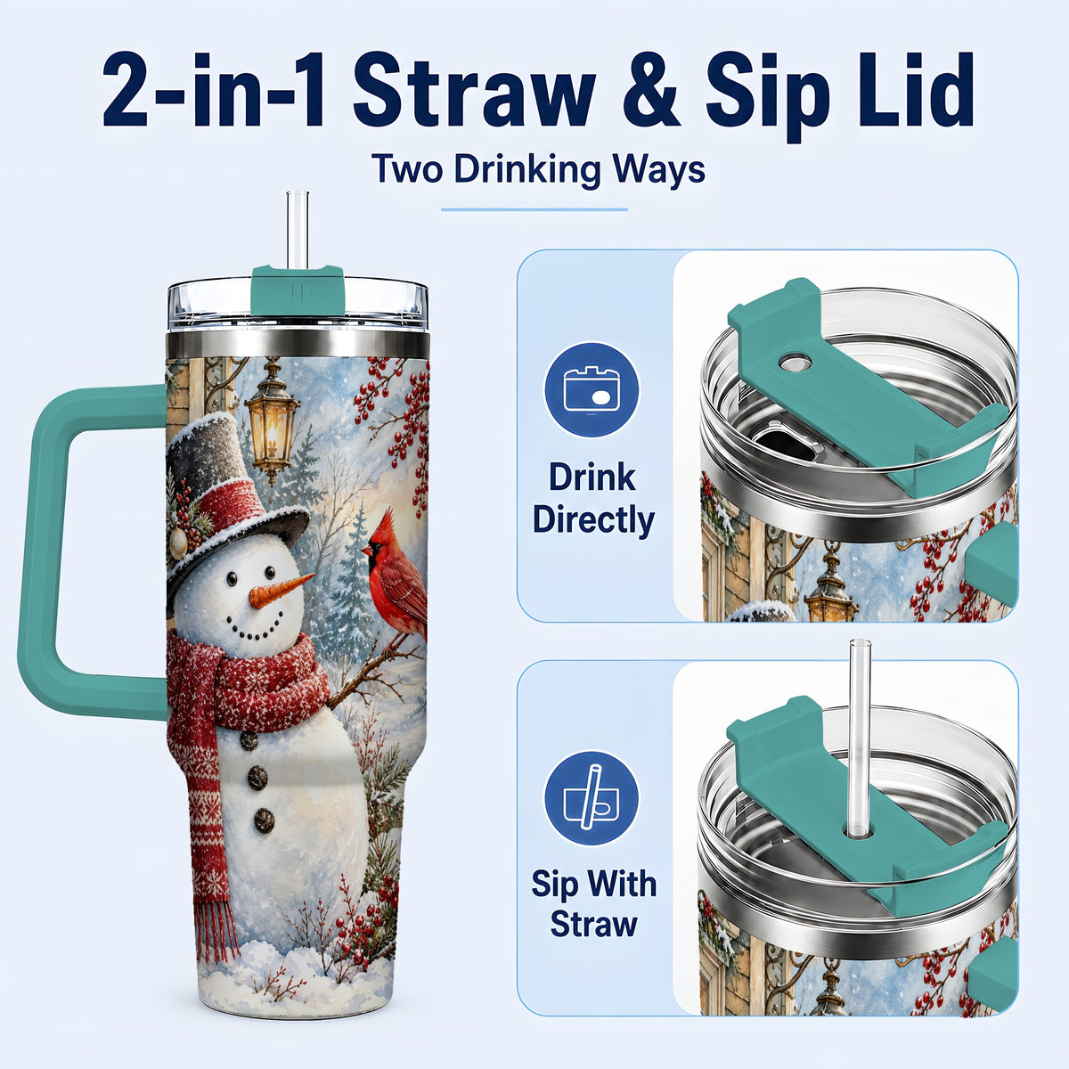 #pl[40oz|Green] Snowman Cardinal 40oz Tumbler with Handle, Winter Bird Travel Cup
