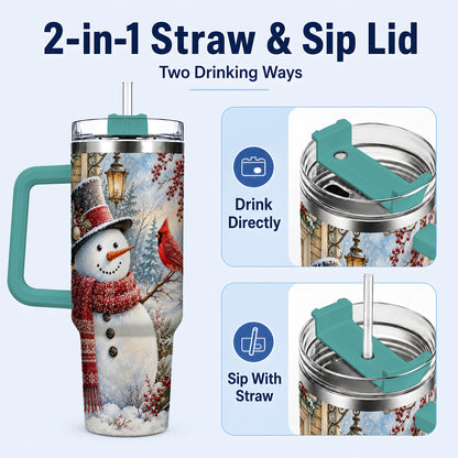 #pl[40oz|Green] Snowman Cardinal 40oz Tumbler with Handle, Winter Bird Travel Cup