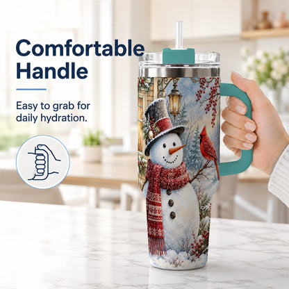 #pl[40oz|Green] Snowman Cardinal 40oz Tumbler with Handle, Winter Bird Travel Cup