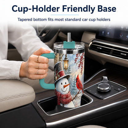 #pl[40oz|Green] Snowman Cardinal 40oz Tumbler with Handle, Winter Bird Travel Cup