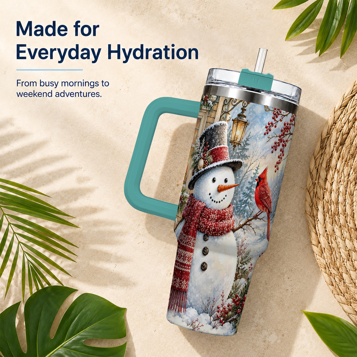 #pl[40oz|Green] Snowman Cardinal 40oz Tumbler with Handle, Winter Bird Travel Cup