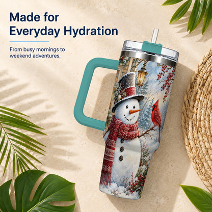 #pl[40oz|Green] Snowman Cardinal 40oz Tumbler with Handle, Winter Bird Travel Cup