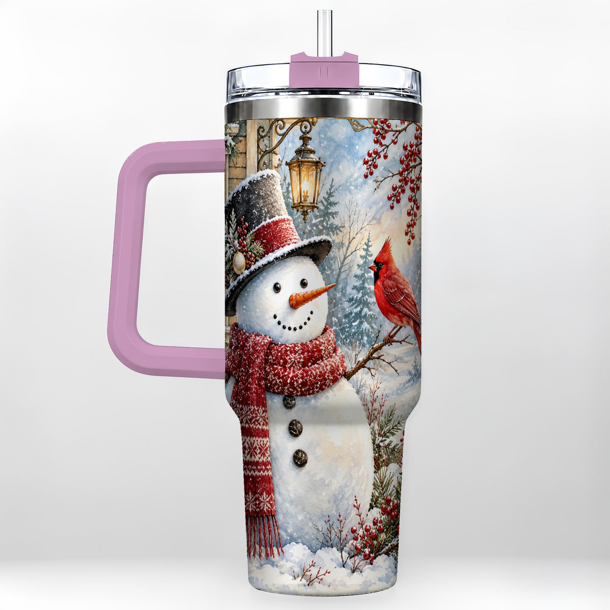 #pl[40oz|Pink] Snowman Cardinal 40oz Tumbler with Handle, Winter Bird Travel Cup