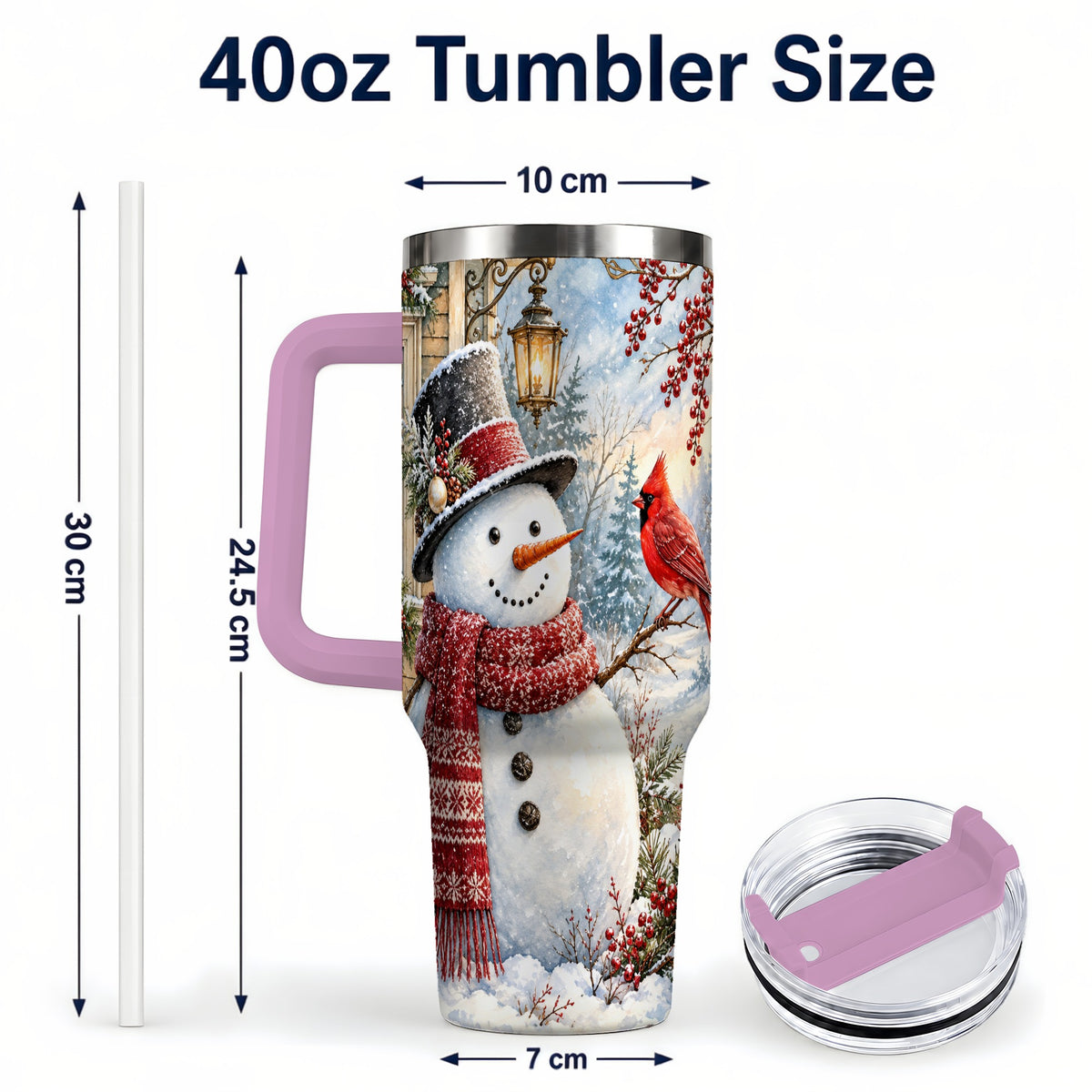 #pl[40oz|Pink] Snowman Cardinal 40oz Tumbler with Handle, Winter Bird Travel Cup