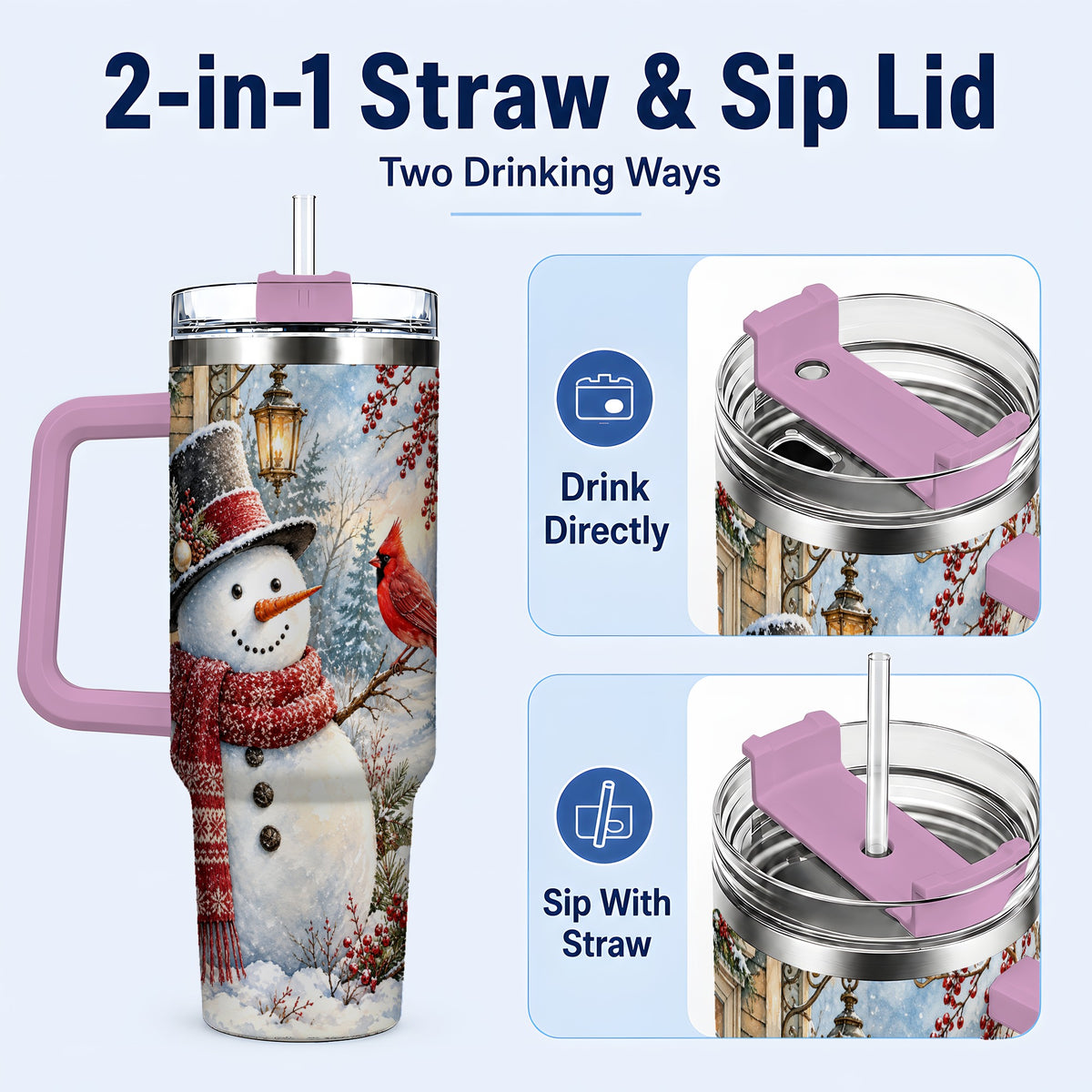 #pl[40oz|Pink] Snowman Cardinal 40oz Tumbler with Handle, Winter Bird Travel Cup