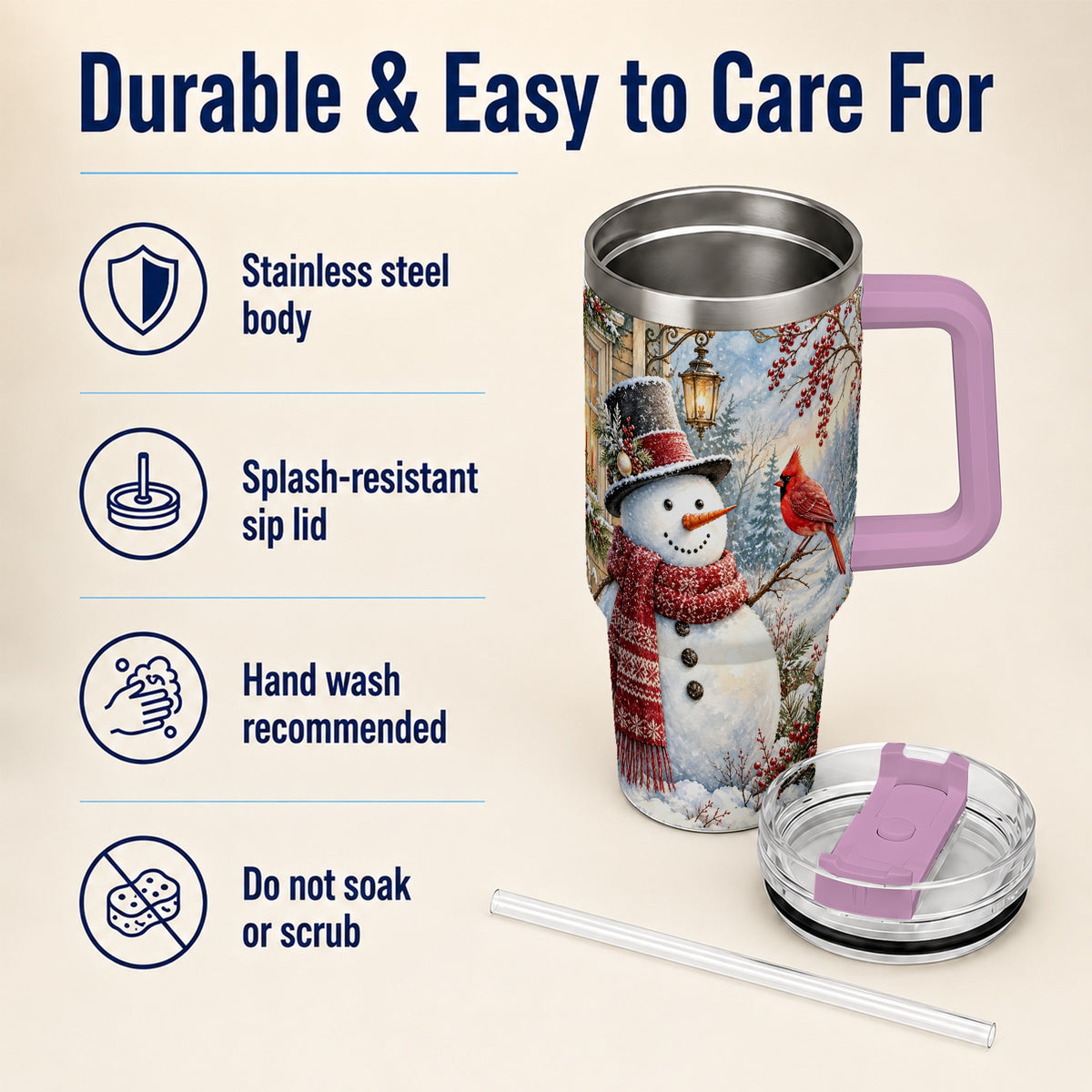#pl[40oz|Pink] Snowman Cardinal 40oz Tumbler with Handle, Winter Bird Travel Cup