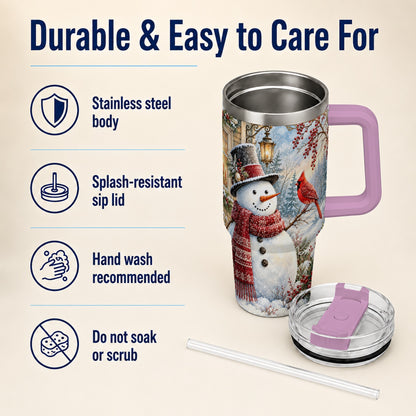 #pl[40oz|Pink] Snowman Cardinal 40oz Tumbler with Handle, Winter Bird Travel Cup