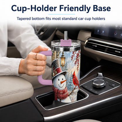 #pl[40oz|Pink] Snowman Cardinal 40oz Tumbler with Handle, Winter Bird Travel Cup