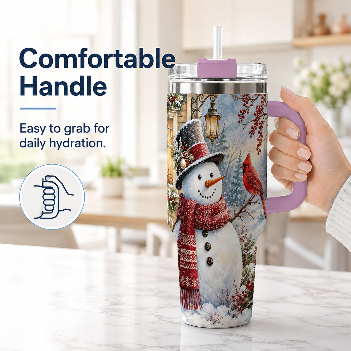 #pl[40oz|Pink] Snowman Cardinal 40oz Tumbler with Handle, Winter Bird Travel Cup
