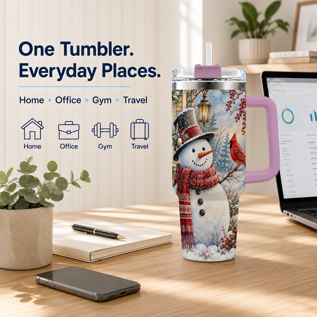 #pl[40oz|Pink] Snowman Cardinal 40oz Tumbler with Handle, Winter Bird Travel Cup