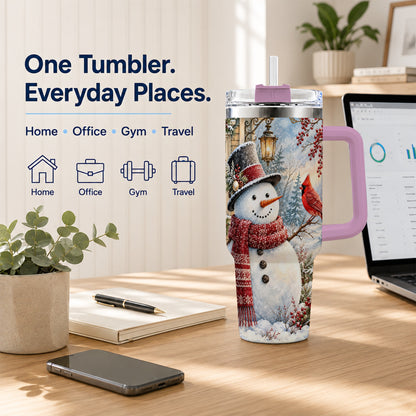 #pl[40oz|Pink] Snowman Cardinal 40oz Tumbler with Handle, Winter Bird Travel Cup