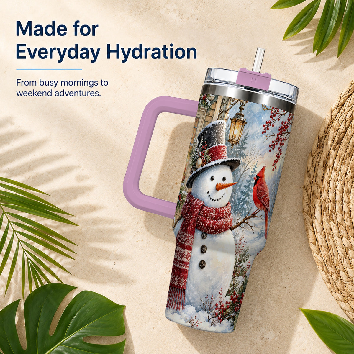 #pl[40oz|Pink] Snowman Cardinal 40oz Tumbler with Handle, Winter Bird Travel Cup