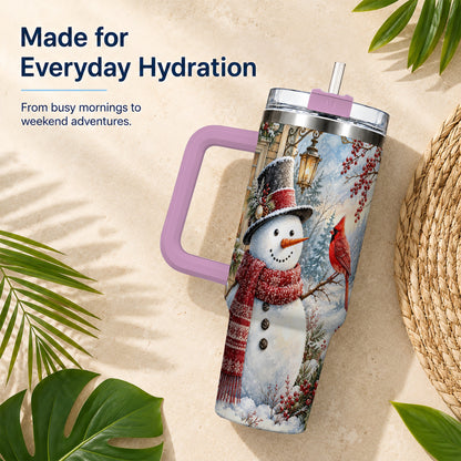 #pl[40oz|Pink] Snowman Cardinal 40oz Tumbler with Handle, Winter Bird Travel Cup