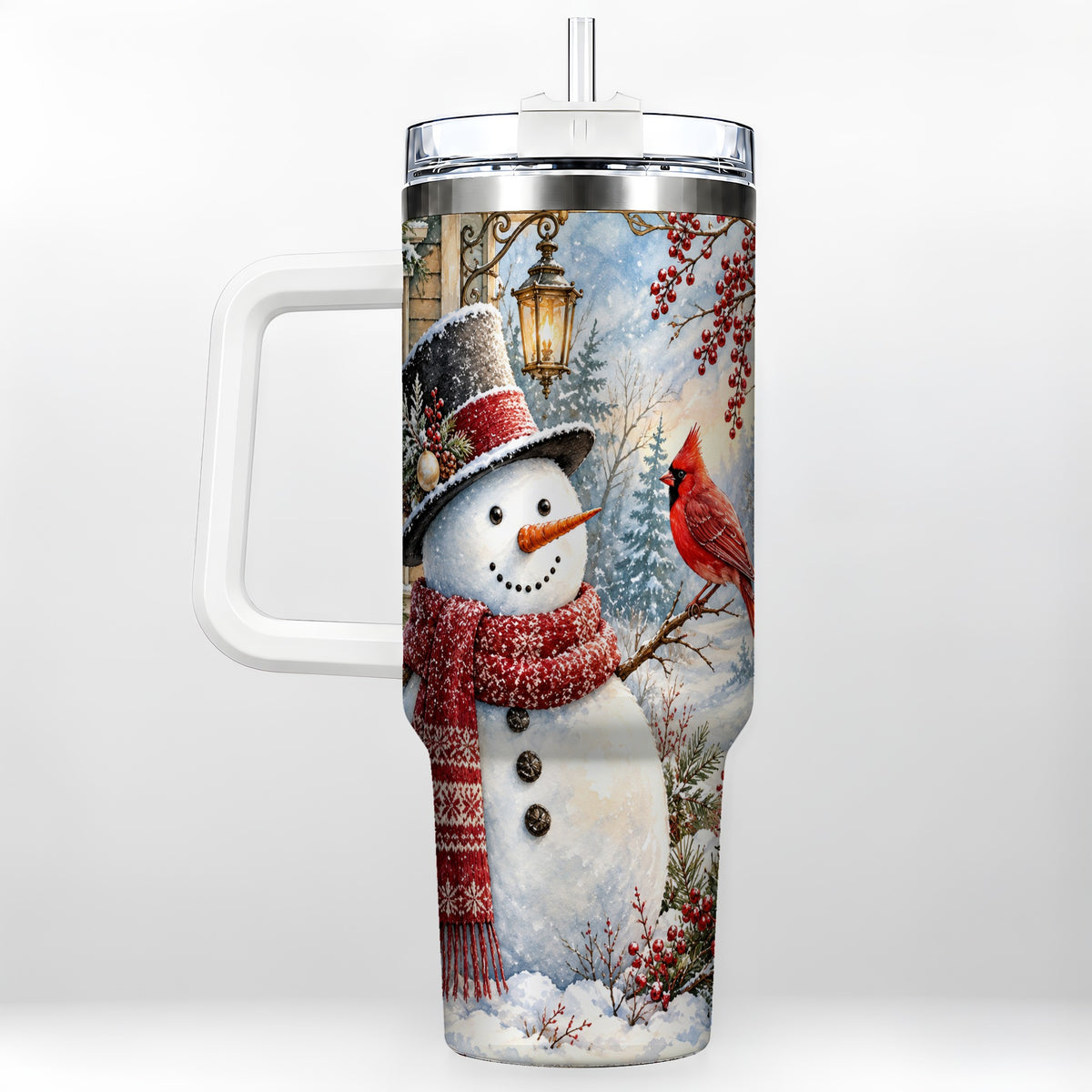 Snowman Cardinal 40oz Tumbler with Handle, Winter Bird Travel Cup