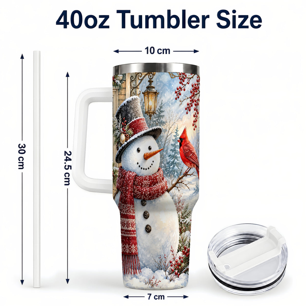 #pl[40oz|White] Snowman Cardinal 40oz Tumbler with Handle, Winter Bird Travel Cup