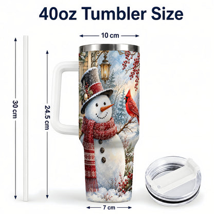 #pl[40oz|White] Snowman Cardinal 40oz Tumbler with Handle, Winter Bird Travel Cup