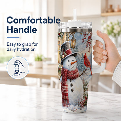 #pl[40oz|White] Snowman Cardinal 40oz Tumbler with Handle, Winter Bird Travel Cup