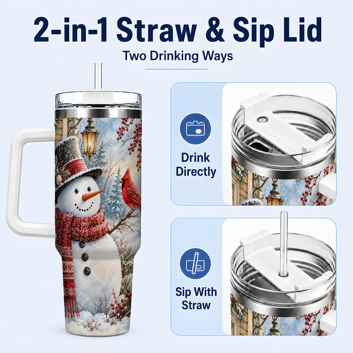 #pl[40oz|White] Snowman Cardinal 40oz Tumbler with Handle, Winter Bird Travel Cup