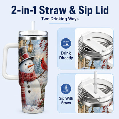 #pl[40oz|White] Snowman Cardinal 40oz Tumbler with Handle, Winter Bird Travel Cup