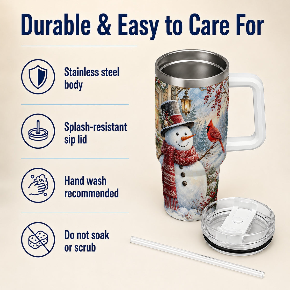 #pl[40oz|White] Snowman Cardinal 40oz Tumbler with Handle, Winter Bird Travel Cup
