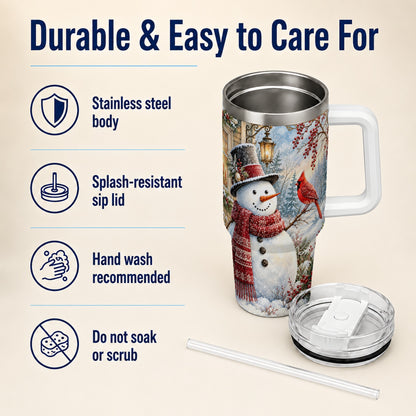 #pl[40oz|White] Snowman Cardinal 40oz Tumbler with Handle, Winter Bird Travel Cup