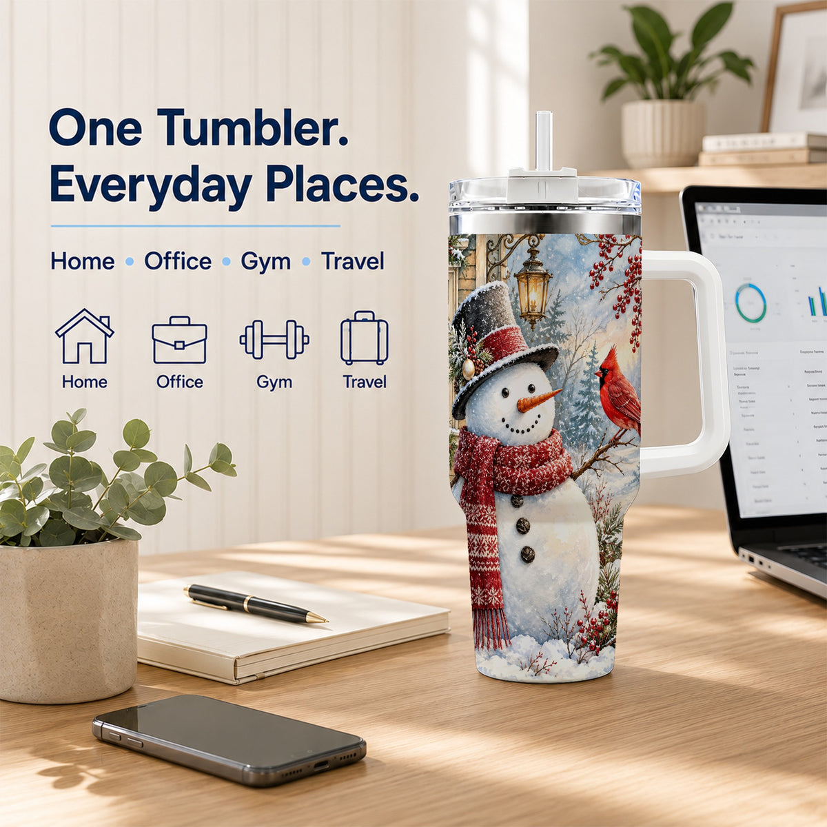 #pl[40oz|White] Snowman Cardinal 40oz Tumbler with Handle, Winter Bird Travel Cup
