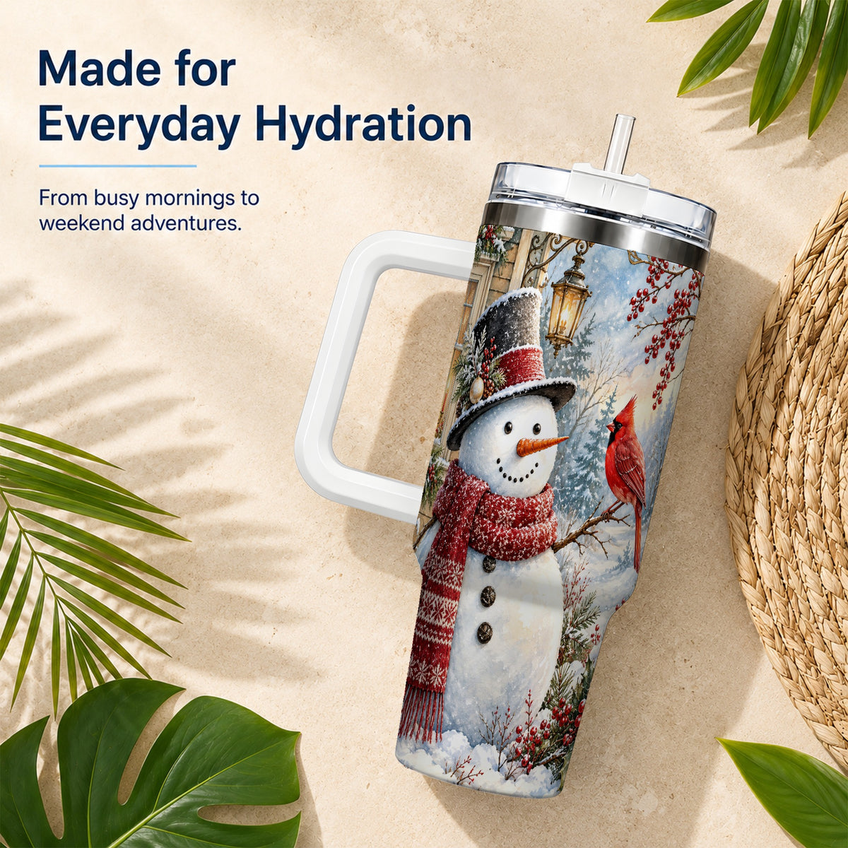 #pl[40oz|White] Snowman Cardinal 40oz Tumbler with Handle, Winter Bird Travel Cup