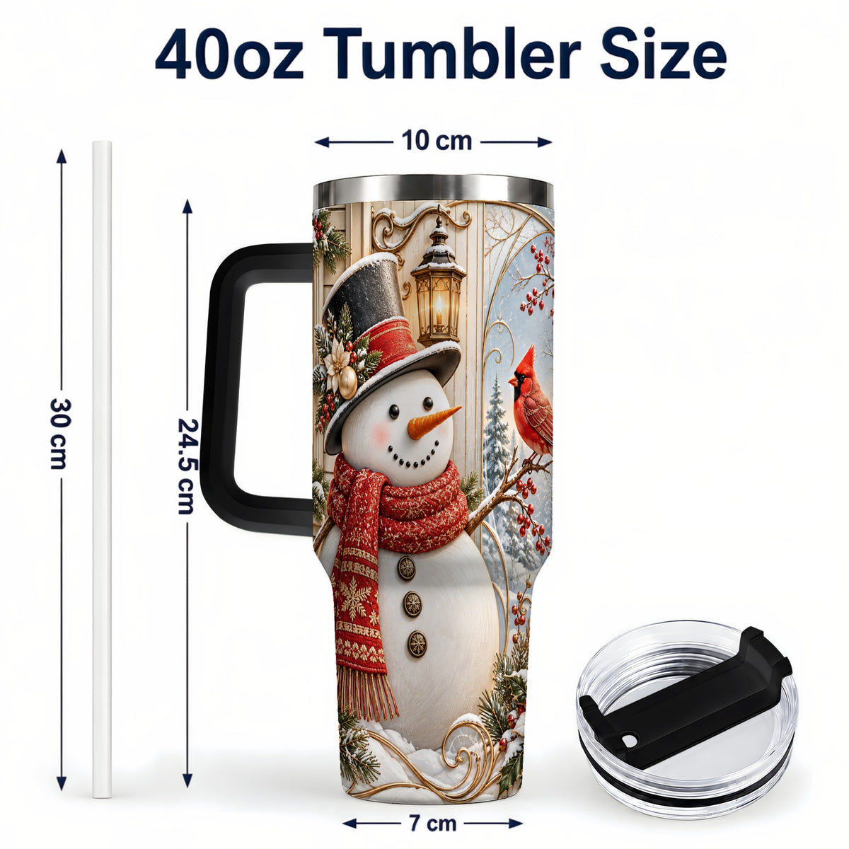 #pl[40oz|Black] Elegant Snowman 40oz Tumbler with Handle, Cardinal Winter Travel Cup