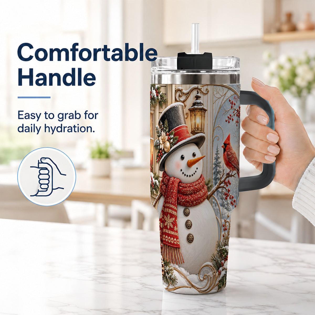 #pl[40oz|Black] Elegant Snowman 40oz Tumbler with Handle, Cardinal Winter Travel Cup