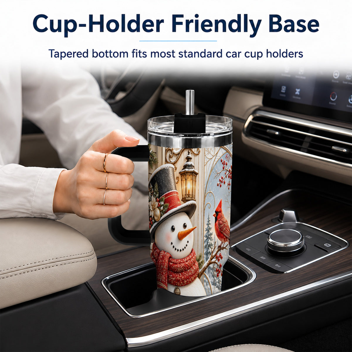 #pl[40oz|Black] Elegant Snowman 40oz Tumbler with Handle, Cardinal Winter Travel Cup