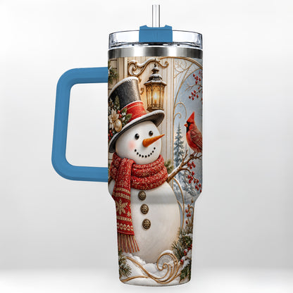 #pl[40oz|Blue] Elegant Snowman 40oz Tumbler with Handle, Cardinal Winter Travel Cup