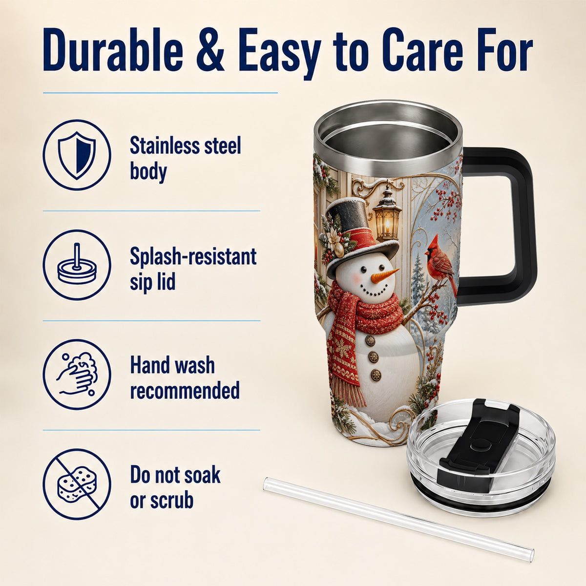 #pl[40oz|Black] Elegant Snowman 40oz Tumbler with Handle, Cardinal Winter Travel Cup