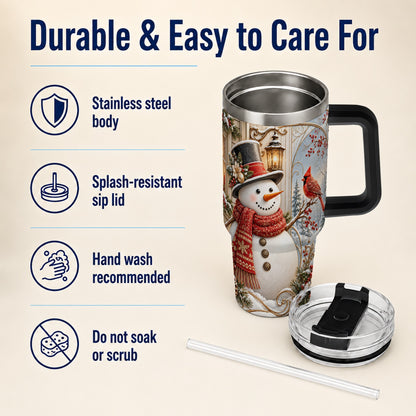 #pl[40oz|Black] Elegant Snowman 40oz Tumbler with Handle, Cardinal Winter Travel Cup