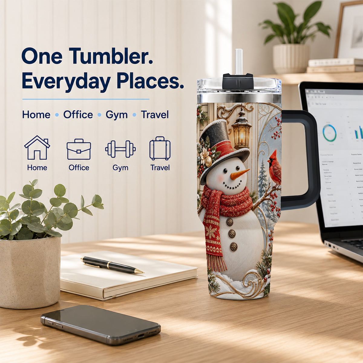 #pl[40oz|Black] Elegant Snowman 40oz Tumbler with Handle, Cardinal Winter Travel Cup