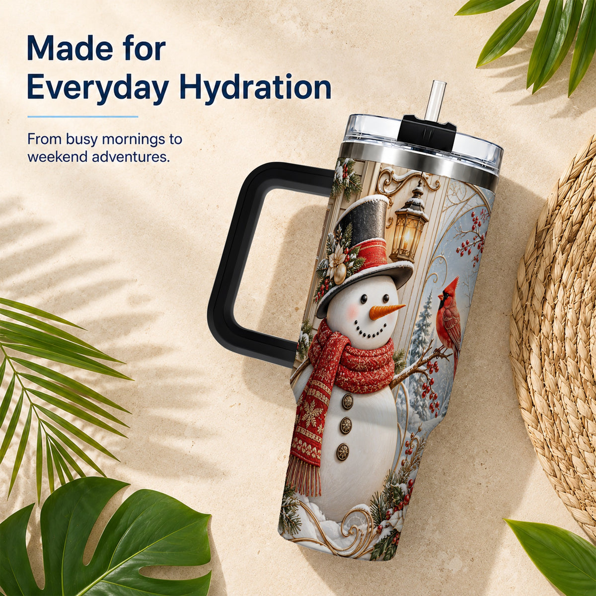 #pl[40oz|Black] Elegant Snowman 40oz Tumbler with Handle, Cardinal Winter Travel Cup