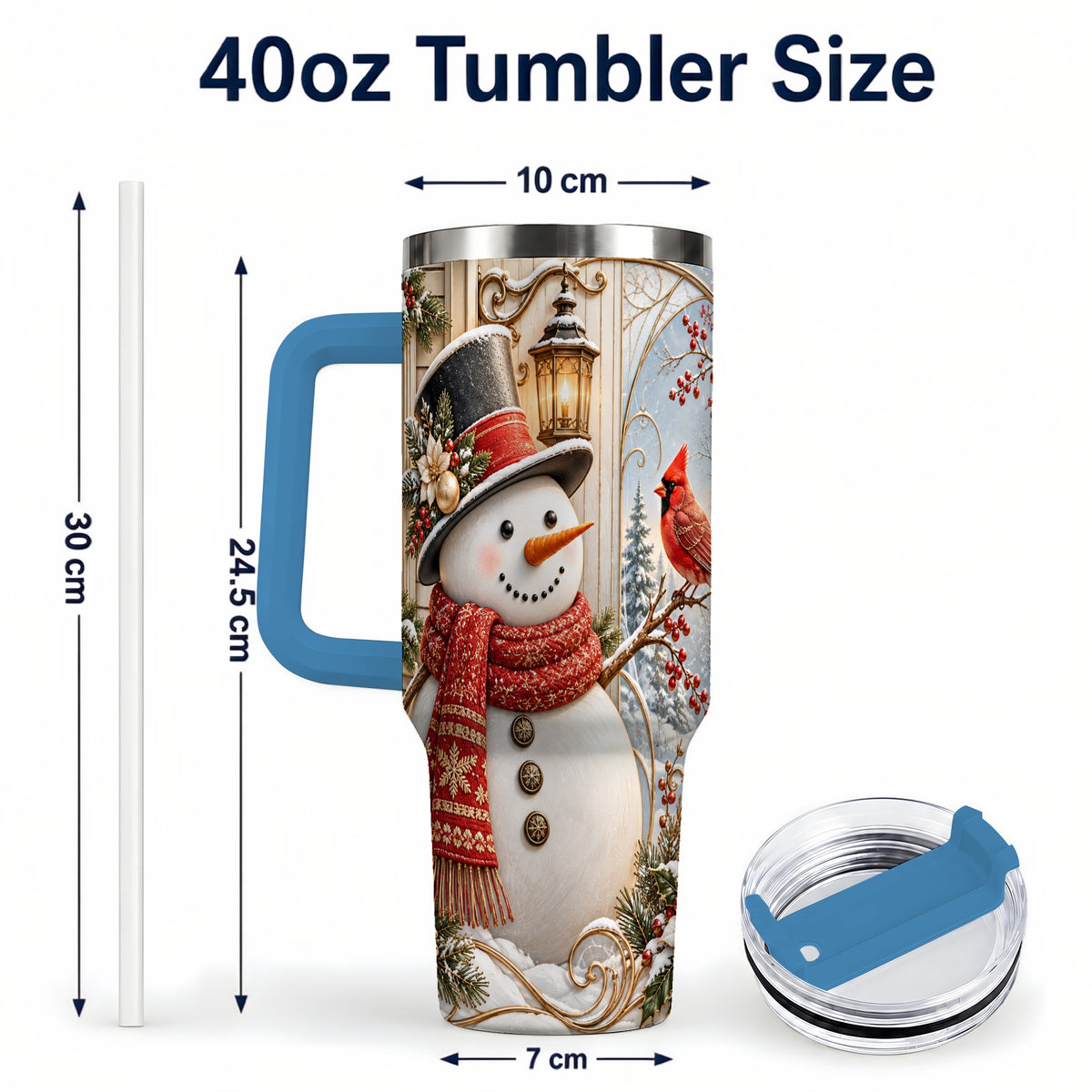 #pl[40oz|Blue] Elegant Snowman 40oz Tumbler with Handle, Cardinal Winter Travel Cup