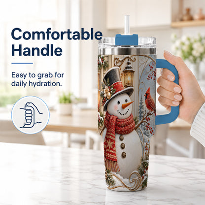 #pl[40oz|Blue] Elegant Snowman 40oz Tumbler with Handle, Cardinal Winter Travel Cup