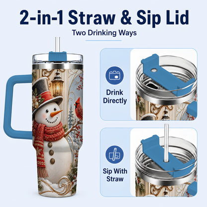#pl[40oz|Blue] Elegant Snowman 40oz Tumbler with Handle, Cardinal Winter Travel Cup