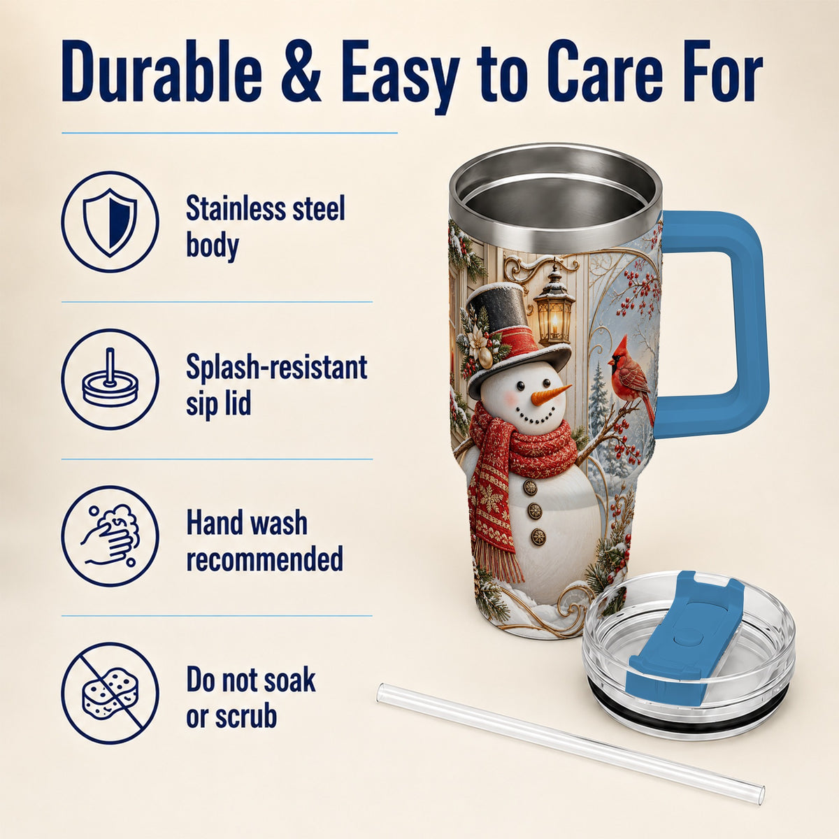 #pl[40oz|Blue] Elegant Snowman 40oz Tumbler with Handle, Cardinal Winter Travel Cup
