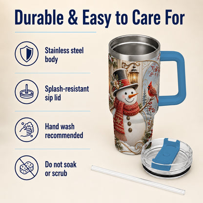 #pl[40oz|Blue] Elegant Snowman 40oz Tumbler with Handle, Cardinal Winter Travel Cup