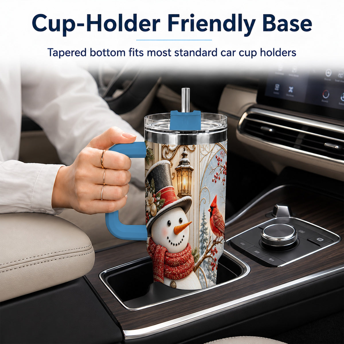 #pl[40oz|Blue] Elegant Snowman 40oz Tumbler with Handle, Cardinal Winter Travel Cup