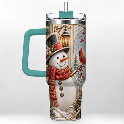 #pl[40oz|Green] Elegant Snowman 40oz Tumbler with Handle, Cardinal Winter Travel Cup