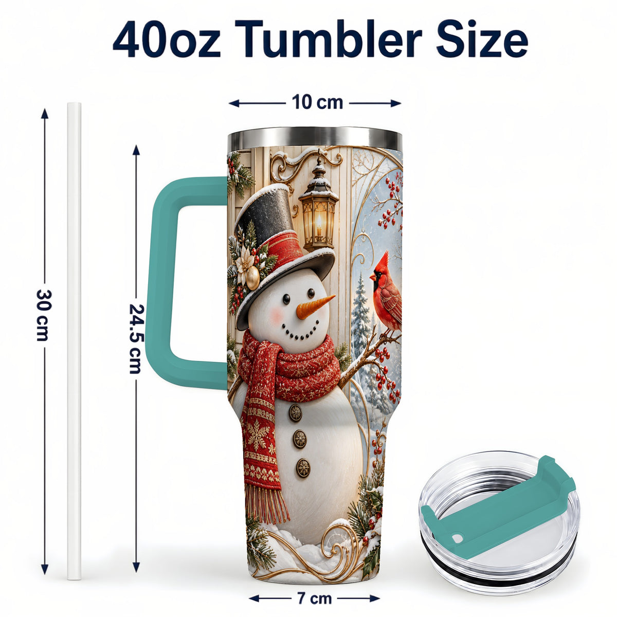 #pl[40oz|Green] Elegant Snowman 40oz Tumbler with Handle, Cardinal Winter Travel Cup